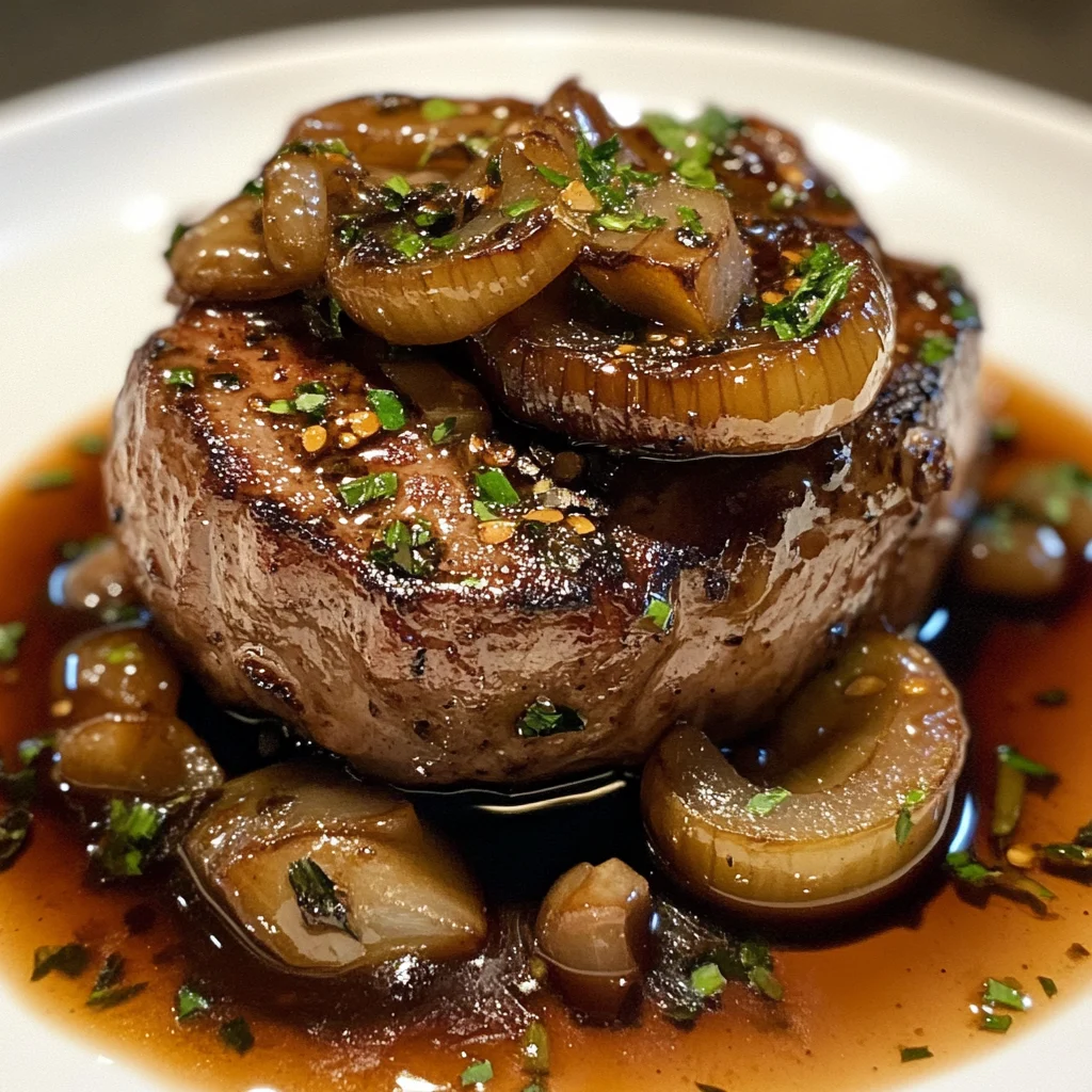 filet mignon porc oignons caramélisés