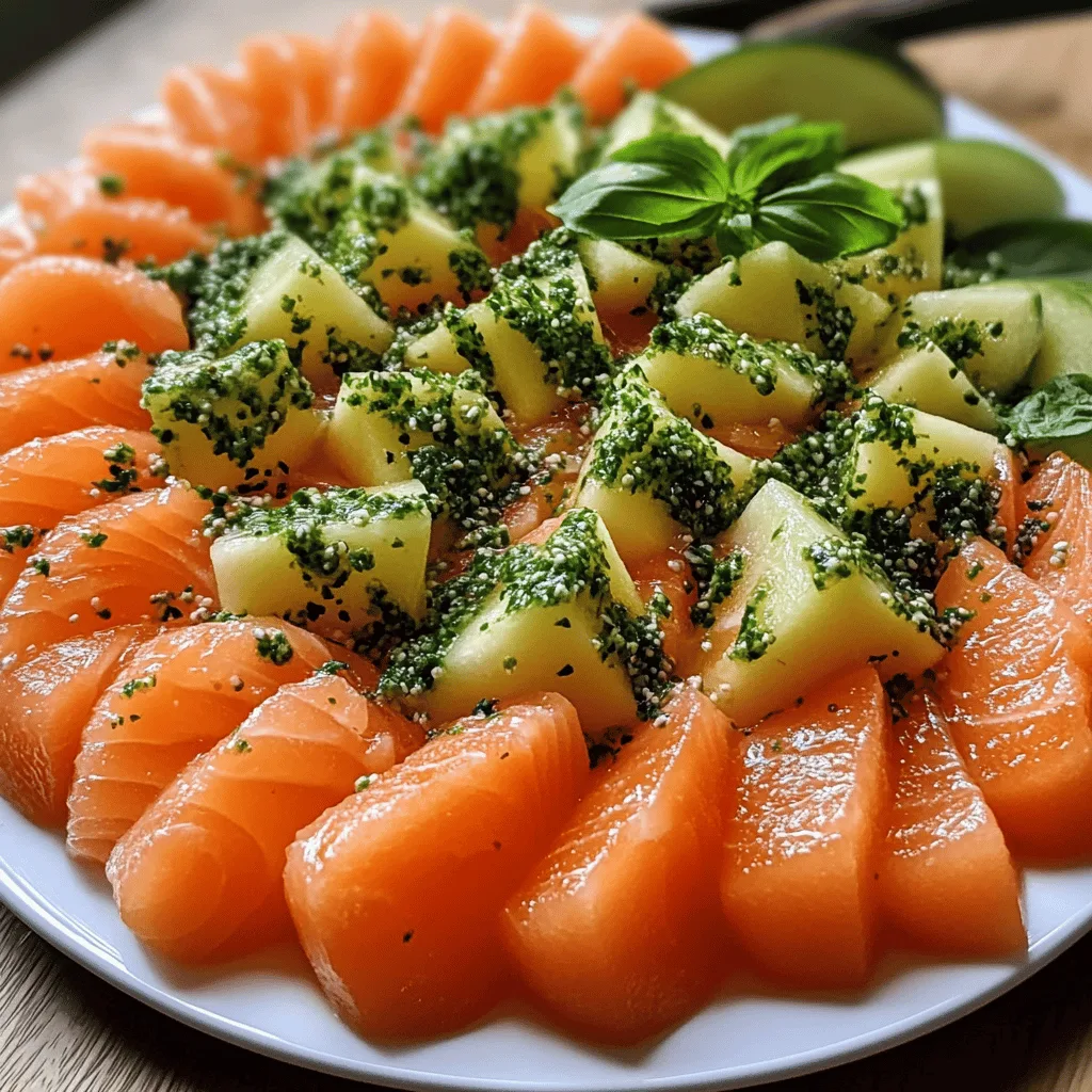 Carpaccio melon saumon pesto